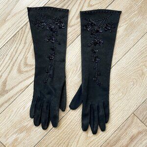 Black fancy-dress elbow-length cotton gloves with black bead design